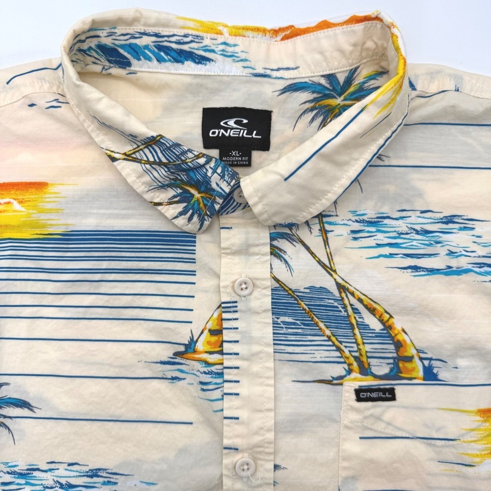 O'Neill Button Down Shirt Men XL Cream‎ Tropical Sunset Palm Tree Modern Fit